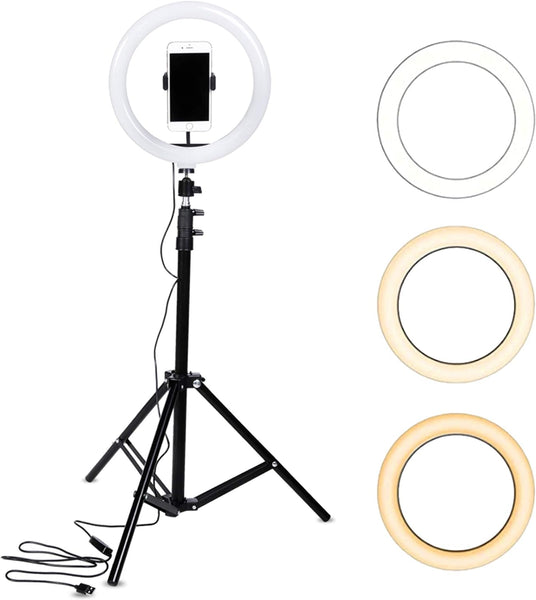 10" LED Selfie Ring Light Dimmable and Extendable Tripod Stand & Flexible Phone Holder for Camera,Smartphone,YouTube,TikTok,Self-Portrait Shooting with Live Stream/Makeup,Compatible with iOS/Android
