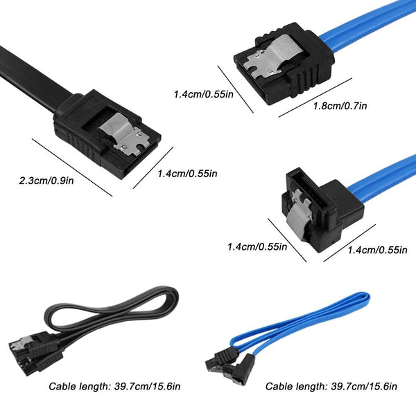 DaKuan Set of 2, Straight and 90 Degree Right-Angle SATA III Cable 6.0 Gbps with Locking Latch, SATA III Cable (1X Black, 1X Blue)