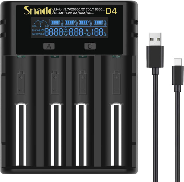 18650 Battery Charger, Snado Universal Smart Charger LCD Display for 3.7v Lithium ion Rechargeable Batteries 18650 21700 18490 17500 16340 14500 RCR123 and 1.2v Ni-MH/Ni-Cd AA AAA C Battery (4 Slots)