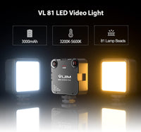 VIJIM LED Video Light, VL81 On Camera Light with 3 Cold Shoe Rechargeable 3000mAh Battery Bicolor Dimmable 3200K-5600K CRI95+ Portable Photography Photo Lighting Panel for YouTube DSLR Camcorder Vlog