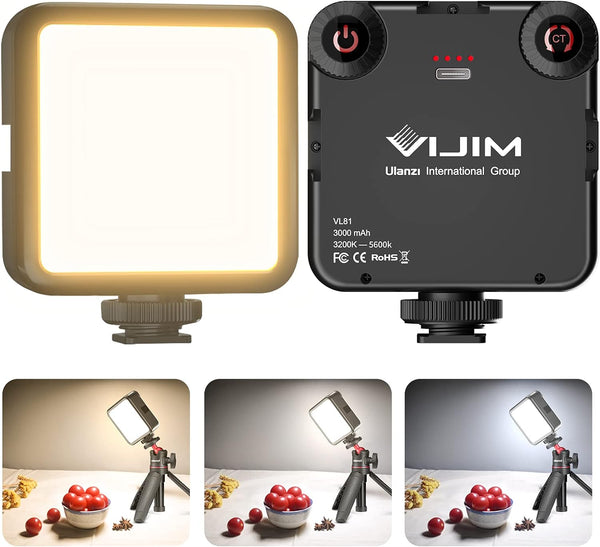 VIJIM LED Video Light, VL81 On Camera Light with 3 Cold Shoe Rechargeable 3000mAh Battery Bicolor Dimmable 3200K-5600K CRI95+ Portable Photography Photo Lighting Panel for YouTube DSLR Camcorder Vlog