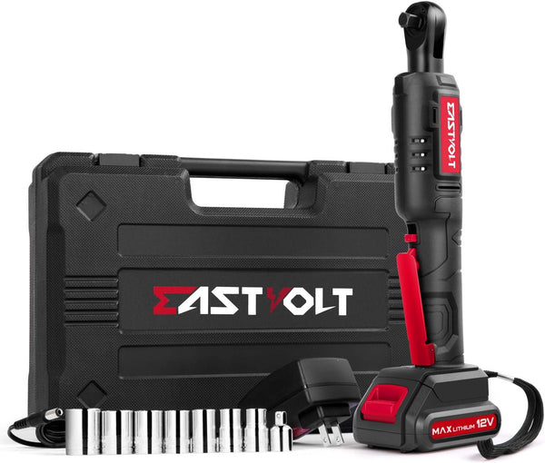 Eastvolt 12V Cordless Electric Ratchet Wrench Set, 3/8 Inch 35 Ft-lbs Power Wrench Tool Kit with Fast Charger, 2.0Ah Lithium-Ion Battery, 7-Pieces 3/8 Inch Metric Sockets and 1/4" Adaptor, Black + Red