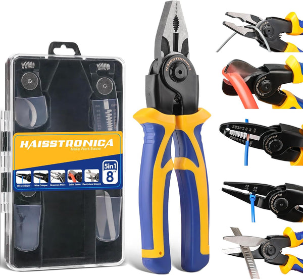 haisstronica 5 in 1 Pliers Set, Interchangeable Head Multitool with Wire Stripper, Crimper, Linesman Pliers, Cutter, Scissor, Tool Gifts for Men, Birthday Gift for Husband, Dad, Boyfriend, Electrician