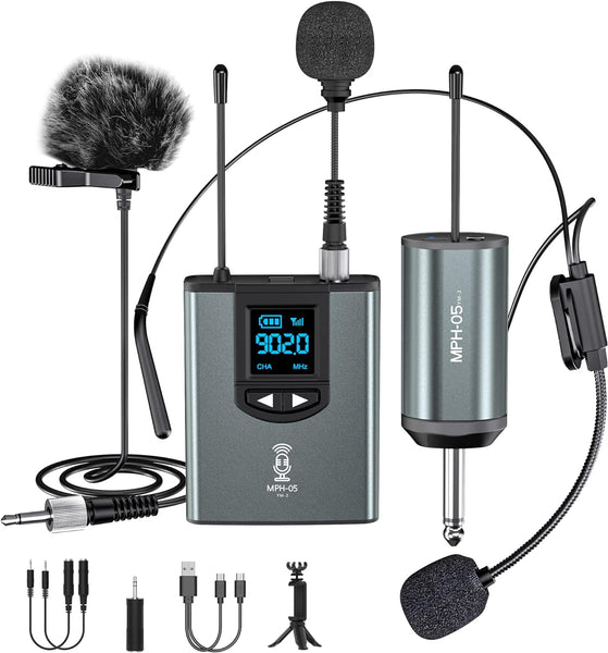 ttstar Wireless Microphone System Headset/Stand/Lavalier Mic with Rechargeable Bodypack Transmitter Receiver for PA Speaker, Camera, Recording, Teaching, Church