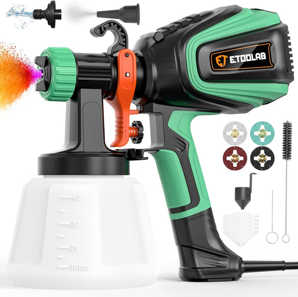 ETOOLAB HVLP Spray Paint Gun 700W，Paint Sprayers for Home Interior with 4 Different Brass Nozzles, Electric Stain Sprayer for Furniture, Cabinets, Fence, Walls, Door, Garden Chairs (Green)