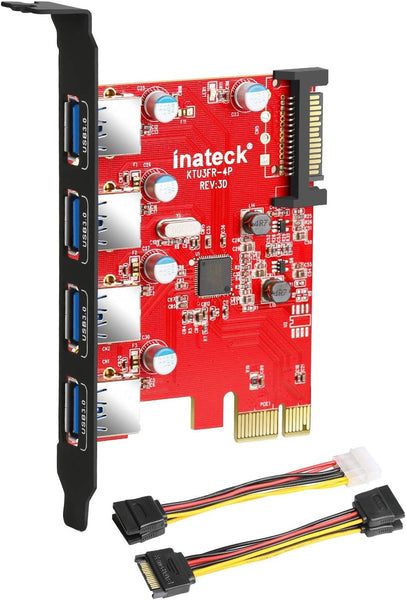 Inateck PCI-e to USB 3.0 (4 Ports) PCI Express Card and 15-Pin Power Connector, Red