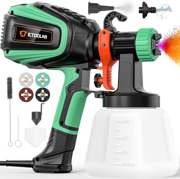 ETOOLAB Paint Sprayer 700W HVLP Spray Paint Gun with 4 Different Brass Nozzles, Electric Paint Gun for Home Furniture, Cabinets, Fence, Walls, Door, Garden Chairs, Sprays Stains etc.(Green)
