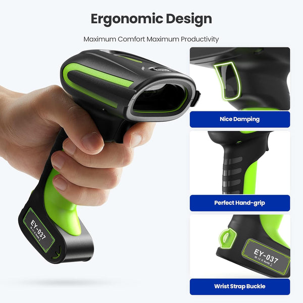 Eyoyo 2D QR Industrial Barcode Scanner with Wireless Charging Stand, Rugged Heavy Duty & IP65 Waterproof 3-in-1 Bluetooth &Wireless&USB Hands-Free Barcode Reader for Laptop Desktop Tablet Android