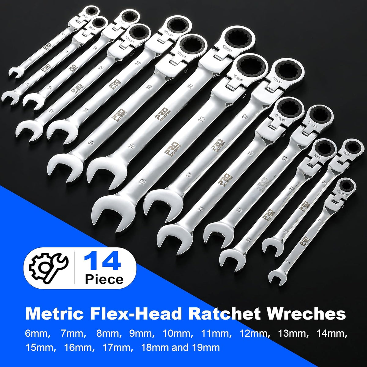 Prostormer 14Piece FlexHead Ratcheting Wrench Set, 619mm Metric Chr