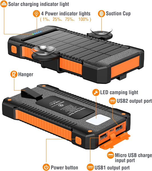 Solar Power Bank 38800mAh, Solar Charger with Suction Cup Mount Three Modes Flashlight-Steady/SOS/Strobe IPX7 Waterproof/Dustproof/Shockproof External Battery Pack 3 USB Charging Ports(Orange)