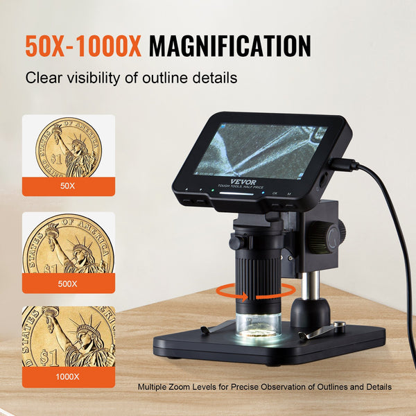 Digital Microscope, 4.3” IPS Screen, 50X-1000X Magnification, 1080P Photo/Video Coin Microscope, Electronic Microscope with 8 LED Lights and 32GB Card,Compatible with Windows/Mac OS