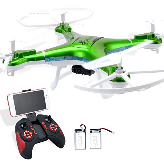 Quadcopter Drone with Camera Live Video, Drones FPV HD WiFi Camera with Remote Control, Free Extra Battery and Quadcopters Crash Replacement Kit with LED Lights, Easy Use for Beginners Kids GRN