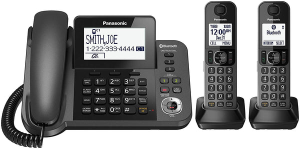 PANASONIC Bluetooth Corded/Cordless Phone System with Answering Machine, Enhanced Noise Reduction and One-Touch Call Block - 2 Handsets - KX-TGF382M (Metallic Black)