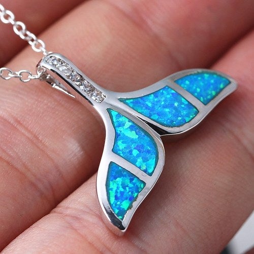 Silver Synthetic Opal Ocean Sea Mermaid Whale Tail Pendant Necklace