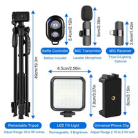 Portable Vlog Video Shooting Kit, 56 Inches Canara and Phone Tripod set, Video record tool kit, Led Lights, Wireless Microphone, Phone Clip, Selfie Control.