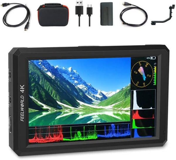 FEELWORLD F6 with Battery+ Integrated Battery Charger + Micro&Mini HDMI Cords 6 Inch FHD IPS On Camera 4K HDMI Monitor with All Waveform,3D Lut Load and 8V DC Power Output