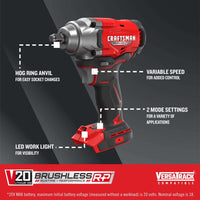 CRAFTSMAN V20 RP 20-volt Max Variable Brushless 1/2-in Drive Cordless Impact Wrench (Bare Tool)