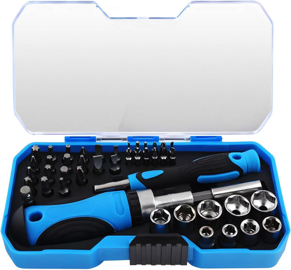 Ratcheting Screwdriver 44 Pcs Set, Magnetic Ratchet Screwdriver Precision Bits & Socket Kit with Case for Home, Garage, Office, Bike, Electronics Maintenance, Back to School, Gifts for Men