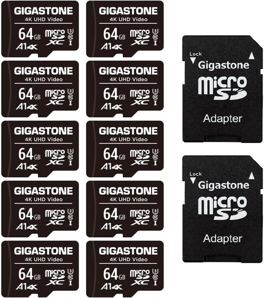 Gigastone 64GB 10-Pack Micro SD Card, 4K UHD Video, Surveillance Security Cam Action Camera Drone Professional, 90MB/s Micro SDXC UHS-I A1 Class 10