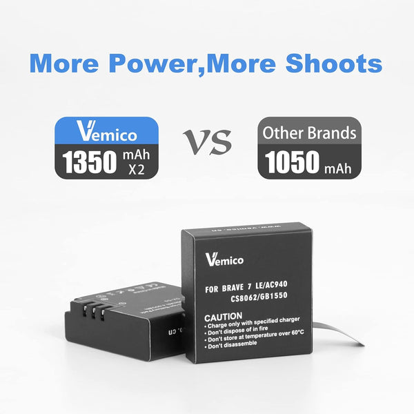 Vemico Action Camera Battery Charger Kit 2 x 1350mAh Brave 7 Le Replacement Batteries LED Micro USB Charger Compatible with Akaso Brave 7 LE,Victure AC940/CS8062, XTU Max/X1/S3,KB KBA12078,GB1550