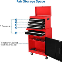 TUFFIOM 5-Drawer Rolling Tool Chest Storage Cabinet w/Drawers, Wheels, Detachable Top & Adjustable Shelf, Mechanic Tool Organizer Box for Garage, Workshop, Warehouse & Repair Shop, Red & Black