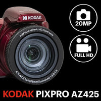 KODAK PIXPRO AZ425-RD 20MP Digital Camera 42X Optical Zoom 24mm Wide Angle 1080P Full HD Video Optical Image Stabilization Li-Ion Battery 3" LCD Vlogging Camera (Red)