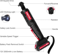 Eastvolt 12V Cordless Electric Ratchet Wrench Set, 3/8 Inch 35 Ft-lbs Power Wrench Tool Kit with Fast Charger, 2.0Ah Lithium-Ion Battery, 7-Pieces 3/8 Inch Metric Sockets and 1/4" Adaptor, Black + Red