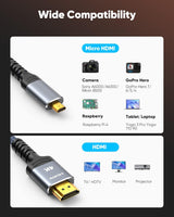 Highwings 4K Micro HDMI to HDMI Cable 10 FT, Micro Male to HDMI Male Cable Nylon Braided Cord Adapter 2.0 4K@60HZ 2K@165HZ 18Gbps Compatible with Laptop Camera Monitor HDMI to Micro HDMI Grey