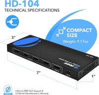 OREI 4K 1x4 HDMI Splitter, - 1 Port to 4 HDMI Display Duplicate/Mirror - Powered Splitter Ver 1.4 Certified for Full HD 1080P High Resolution & 3D Support (One Input To Four Outputs) - (HD-104)