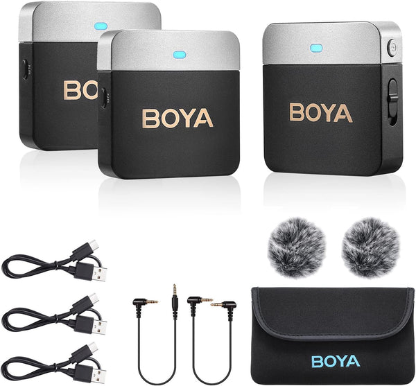 BOYA Wireless Lavalier Microphone BY-M1V2 Dual Channel Wireless Microphones for Cameras DSLR Smartphone Cordless Clip on Lapel Mic for Video Recording YouTube Vlogging Live Streaming Interview