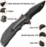 Pocket Folding Knife Survival Gear Tactical Knife with Liner Lock Stainless Steel Blade in Black Oxidation G10 Handle Reversible Pocket Clip Gifts for Men Dad Husband