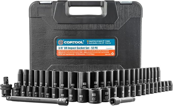 3/8" Impact Socket Set, 52 Piece, Standard SAE (1/4"-3/4") & Metric (6-22mm) Full Sizes, Deep & Shallow Kit, Impact Socket Set Metric and Standard Full, Impact Socket Set 3/8 Drive