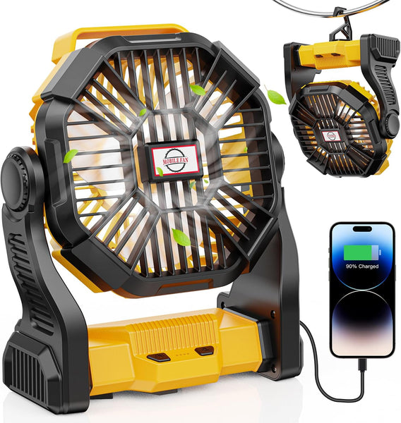 Camping Fan with LED Lantern, 10400mah Portable Battery Operated Outdoor Fan, Personal Rechargeable Fan for Travel, Hiking, Fishing, Picnic (Yellow)