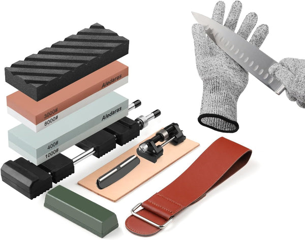 Complete Whetstone Knife Sharpener Kit, 4 Side Grit 400/1000 3000/8000 Water Stone with Non-Slip Holder, Flattening Stone, Cut Resistant Gloves, Angle Guide, Honing Guide, Leather Strop