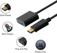 DP to VGA Adapter, Gold-Plated DisplayPort to VGA Converter Male to Female 1080P(Black)