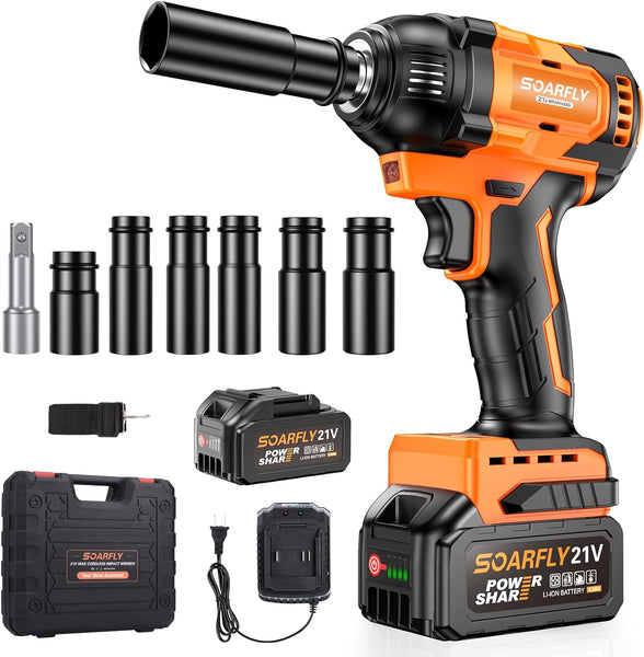 Soarfly Cordless Impact Wrench, 1/2 Impact Gun, 20V Power Impact Driver, Max Torque 502ft-lbs(680N.m) Brushless Motor Electric Wrench with 4.0Ah Battery, 1 Fast Charger, 6PCS Sockets, 1 Extension Bar