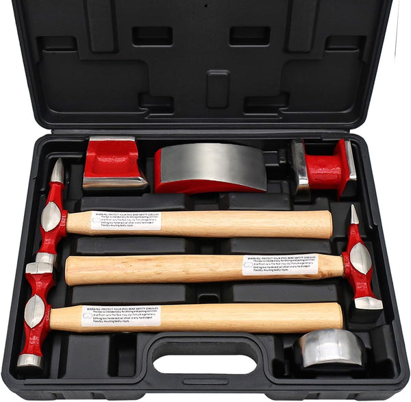 PASBAS 7 Piece Auto Body Repair Kit，Hammer and Dolly Tools with Carbon Steel on Wood Handles,Performance Heavy Duty Dollies Set,Roller Fixer Dent Remover Tool.