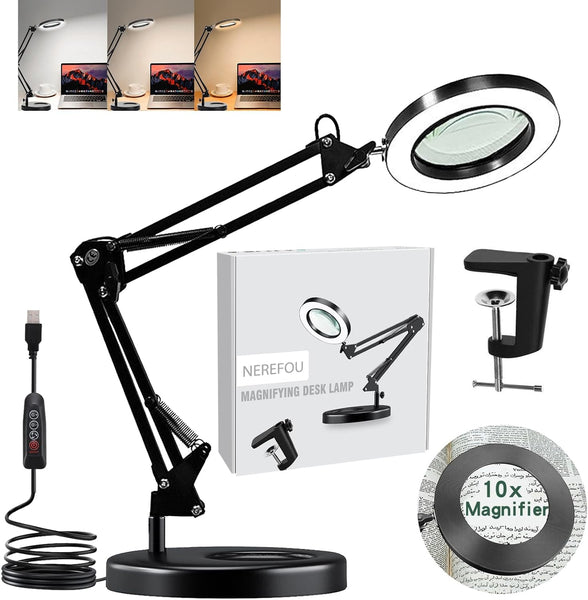 Magnifying Glass with Light and Stand, 10X Magnifying Lamp, 2-in-1 Magnifying Desk Lamp with Clamp, 3 Color Mode, Magnifying Glasses with Light for Close Work (1st Generation Base ＆ Clamp)