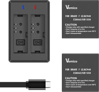 Vemico Action Camera Battery Charger Kit 2 x 1350mAh Brave 7 Le Replacement Batteries LED Micro USB Charger Compatible with Akaso Brave 7 LE,Victure AC940/CS8062, XTU Max/X1/S3,KB KBA12078,GB1550