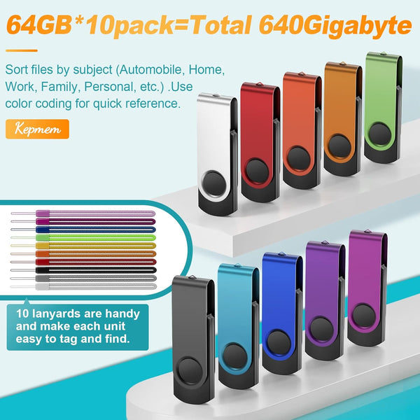 Flash Drive 64GB Pack of 10 Thumb Drives Bulk Kepmem 64 Giga USB Drives Value Metal USB 2.0 Memory Sticks Swivel Pen Drive 64 GB Portable Jump Drive Colorful Multipack Zip Drives for Data Storage