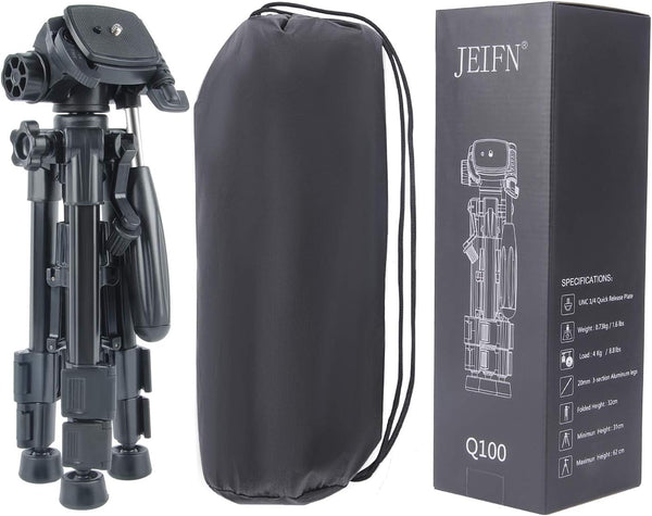 JEIFN Q100 Tabletop Camera Tripod for Travel and Indoor with 3-Way Pan Head, 1/4 inches Quick Release Plate and Phone Clip for DSLR Camera (Black)