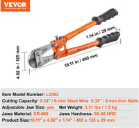 VEVOR Bolt Cutter, 18" Lock Cutter, Bi-Material Handle with Soft Rubber Grip, Chrome Molybdenum Alloy Steel Blade, Heavy Duty Bolt Cutter for Rods, Bolts, Wires, Cables, Rivets, and Chains