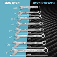 DURATECH 8-Piece Combination Wrenches Set, SAE 5/16" to 3/4",12-Point, with Wrench Organizer