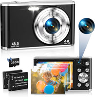 4K Digital Camera, 48MP Autofocus Compact Kids Camera with Dual Camera, 16X Digital Zoom Point and Shoot Cameras with 32GB Card & 2 Batteries Vlogging Camera for Teen Beginners - Black