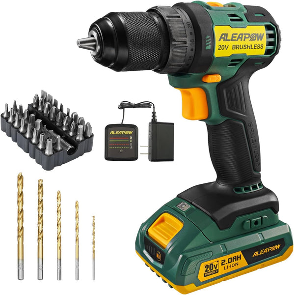 ALEAPOW D10 Cordless Brushless Drill, 20V Drill Driver Kit, 2-Speeds(0-1650RPM), 350 In-lbs, 3/8” Keyless Chuck, 20+1 Torque Setting, 2.0Ah Battery, Charger, LED, 38 Pcs Drill/Driver Bits