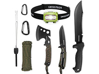 Swiss+Tech Hatchet and Machete with Sheath, One-Piece Camping Axe and Fixed Blade Hunting Knives with Rope Handle, 8 Pieces Camping Tool Set Includes LED Headlamp, Paracord, Flint Stick, Carabiners