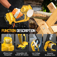 Cordless Mini Chainsaw for Dewalt 20v Battery, Small Chain Saw with Brushless Motor and Security Lock, LIVOWALNY 4" Handheld Electric Chainsaw for Wood Cutting,Tree Branches (Battery Not Included)