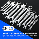 Prostormer 14-Piece Flex-Head Ratcheting Wrench Set, 6-19mm Metric Chrome Vanadium Steel Ratchet Wrenches, Combination Ended Spanner Kit with Storage Case