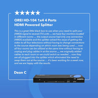 OREI 4K 1x4 HDMI Splitter, - 1 Port to 4 HDMI Display Duplicate/Mirror - Powered Splitter Ver 1.4 Certified for Full HD 1080P High Resolution & 3D Support (One Input To Four Outputs) - (HD-104)