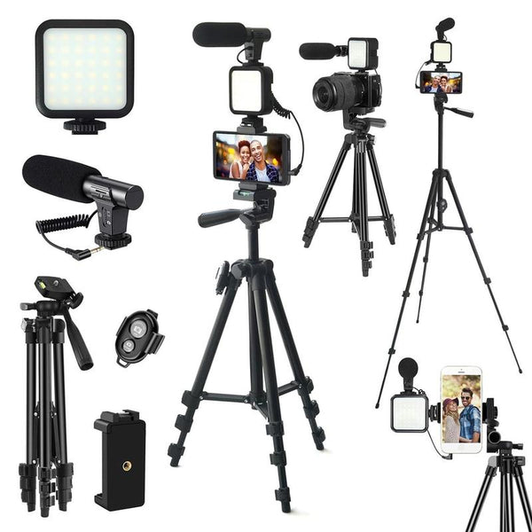 Vlog Shooting Kit for Cellphone, with LED Lights, Selfie stick Tripod, Light and phone clip, Microphone.